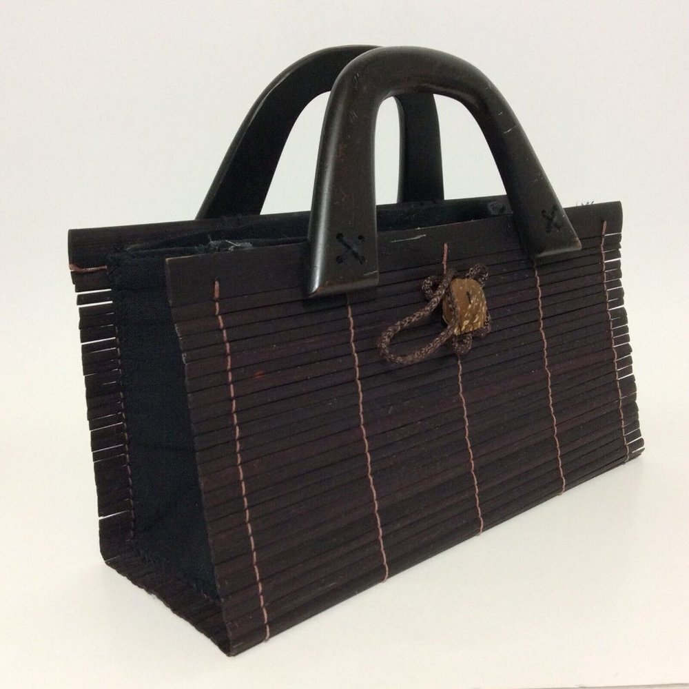 Womens Handmade Bamboo Handbag Wood Handles Loop Button Closure  Brown - Picture 7 of 12